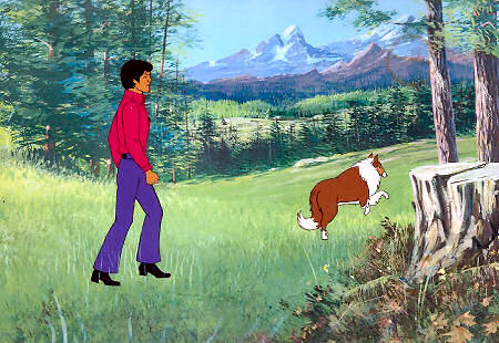 Lassie and Gene Fox, with Thunder Mountain in the background